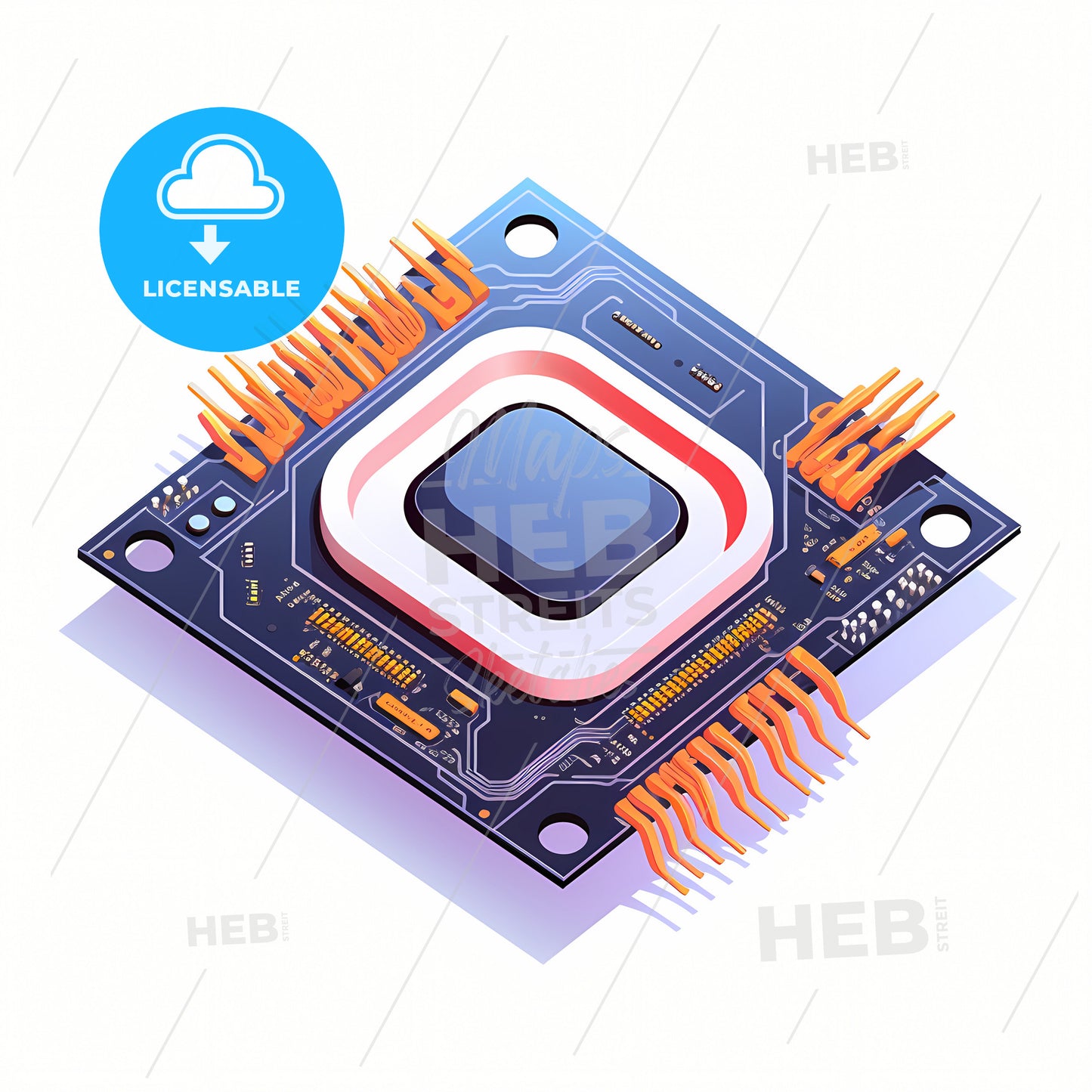Icon Of A Processor White Background, A Computer Chip With Orange Wires