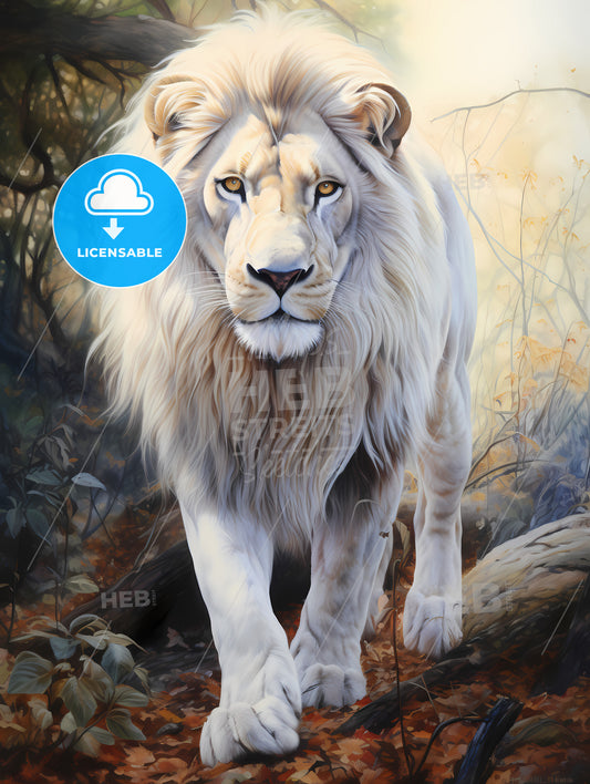 A Snow-White Lion Stood On The Grass, A White Lion Walking In The Woods