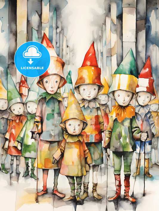 Whimsical Colorful Illustration Of Christmas Elfs, A Group Of People Wearing Hats