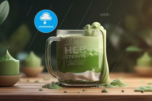 Japanese Matcha Latte In 3D Illustration, A Glass Mug With Green Liquid On A Table