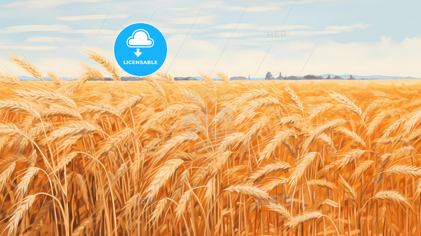 A Field Of Orange Wheat, A Field Of Wheat With Blue Sky And Clouds