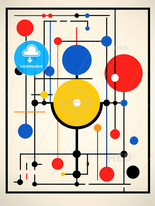 Minimalist Mechanic Art, A Colorful Art Piece With Circles And Lines
