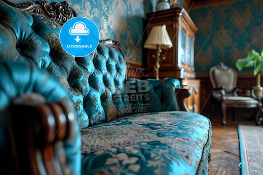 Wall Covered By Vintage Wallpapers, A Blue Couch In A Room