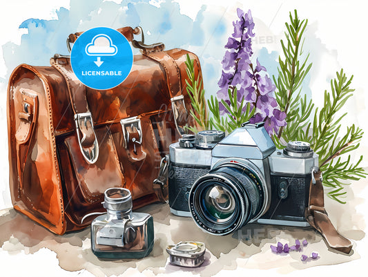 Watercolor Fantasy Travel, A Watercolor Of A Camera And A Bag