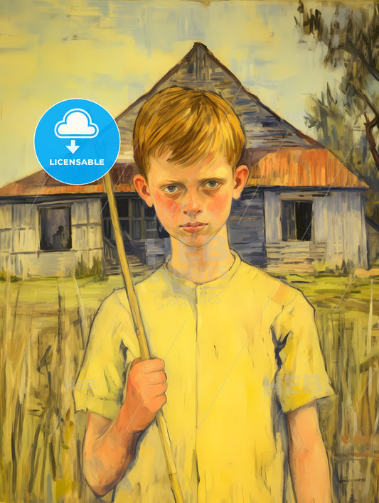 In A Country Side, A Boy Holding A Stick In Front Of A House