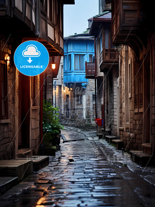Narrow Street Ottoman Architecture, A Stone Alleyway With Buildings And A Blue Building