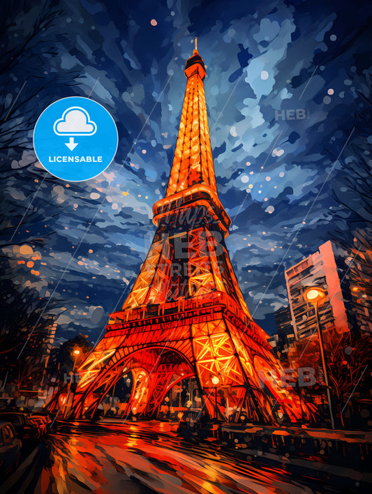 A Painting Of The Tokyo Tower, A Lit Tower In Tokyo Tower