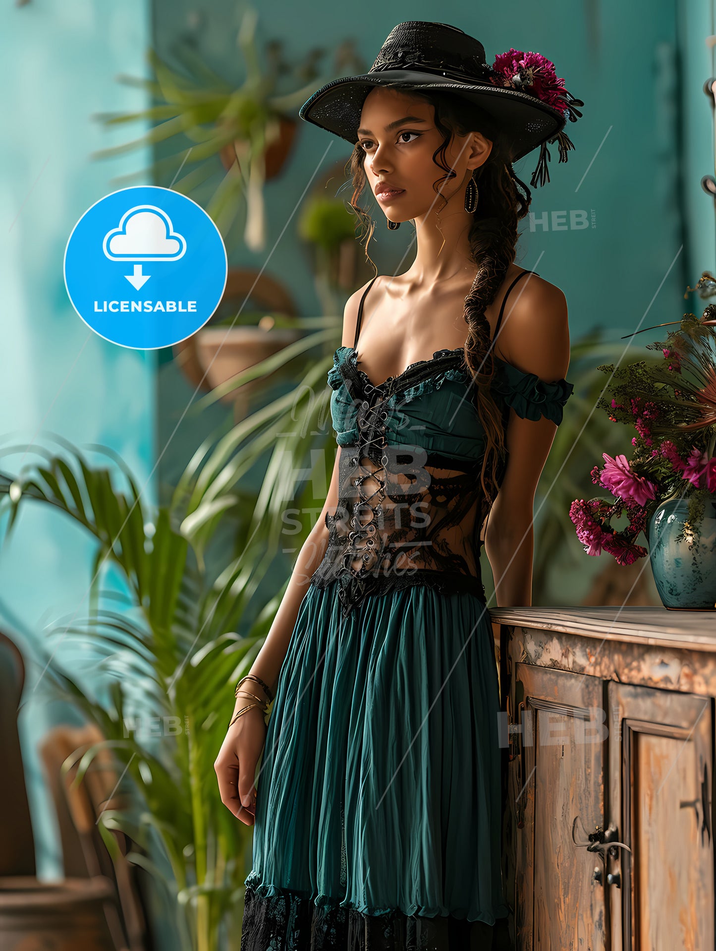 Boho Green Minimalist Poster Painting, A Woman In A Dress And Hat