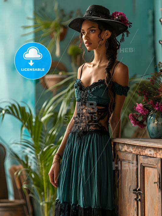 Boho Green Minimalist Poster Painting, A Woman In A Dress And Hat