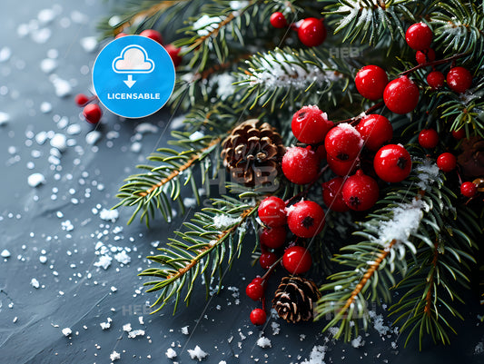 Merry Christmas Greeting Card Template, A Close Up Of A Branch With Berries And Pine Cones