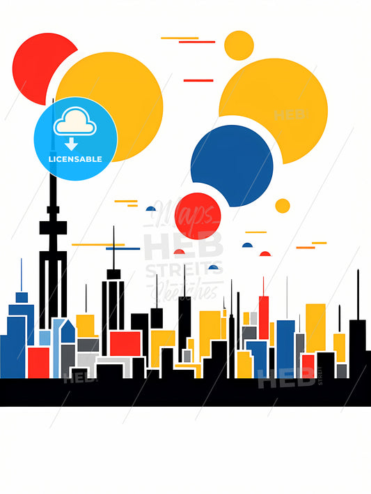 Minimalist Tokyo Skyline, A Colorful Cityscape With A Tower And Circles