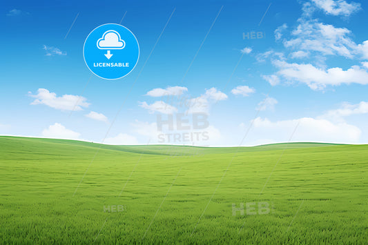 Green Grass On A Vast Grassy Field, A Green Field With Blue Sky And Clouds