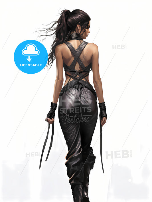 Concept Art Fashion Concept, A Woman In Black Leather Pants With A Sword