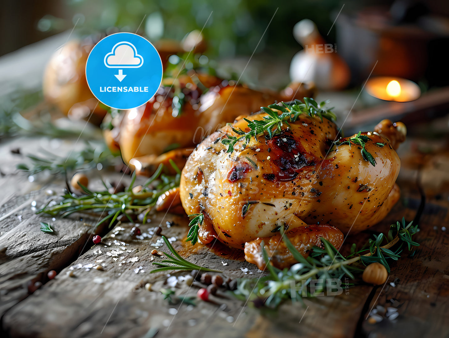 Closeup Of Cantonese Chicken, A Chicken With Herbs On A Wooden Surface