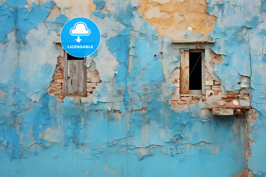 A Damaged Wall With Blue Paint, Two Windows On A Wall