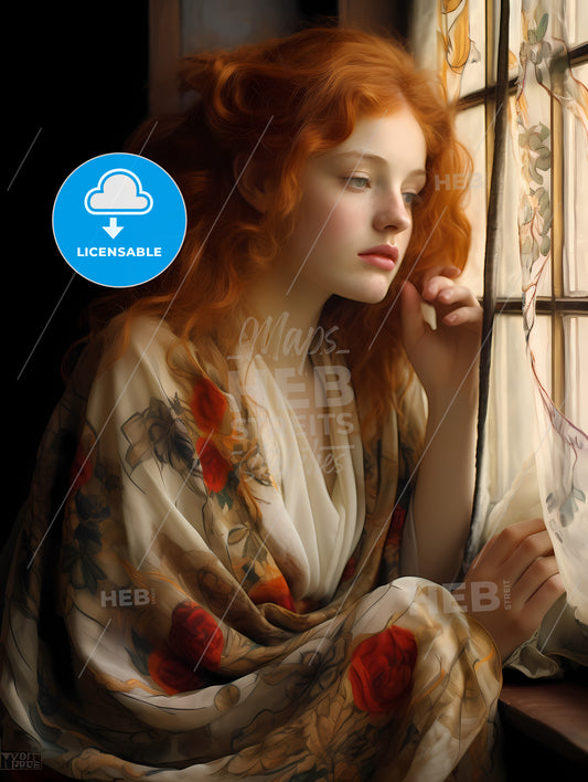 Woman With Red Hair Sitting, A Woman Looking Out A Window