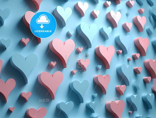 Blue And Pink Paper Hearts, A Wall With Many Hearts