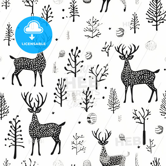 Hand Drawn Christmas Pattern, A Pattern Of Black And White Deer And Trees