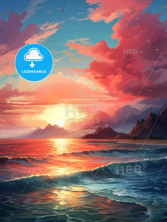 The Red Sunset Shone On The Blue Ocean, A Sunset Over A Beach