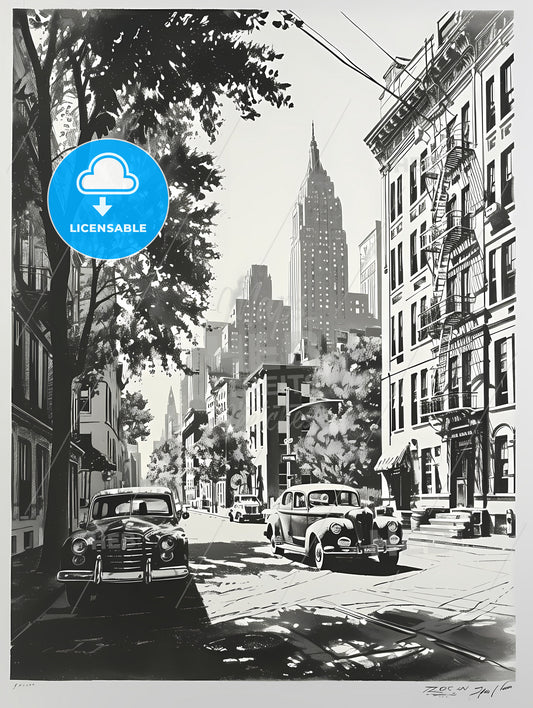 Art Deco Minimalism, A Black And White Picture Of A Street With Cars And Buildings