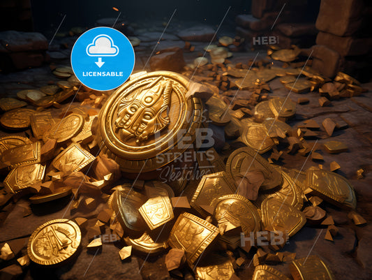 A Gold Treasure Inca, A Gold Coins On The Ground