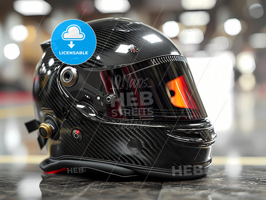 Modern Black Racing Helmet, A Black Helmet With A Red Visor