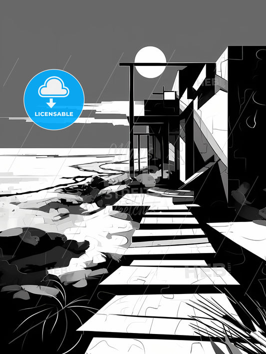 A Summer Beach, A Building With A Walkway And A Beach
