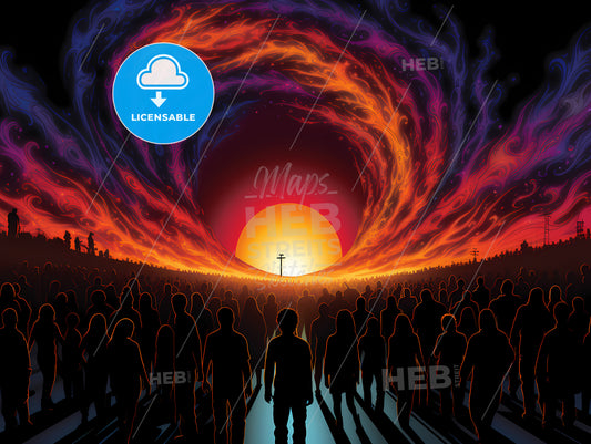 A Piece Of Art With A Bridge In The Background, A Group Of People Walking Towards A Sunset