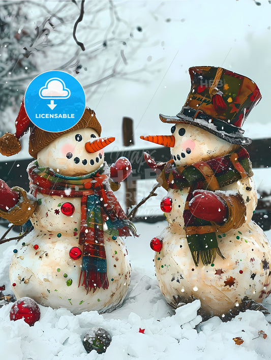 A Picture Of An Art Print Showing A Pair Of Snowmen, Two Snowmen In The Snow