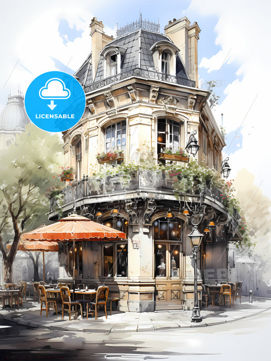 The Exterior Of A Paris Restaurant, A Building With A Corner Patio And Tables