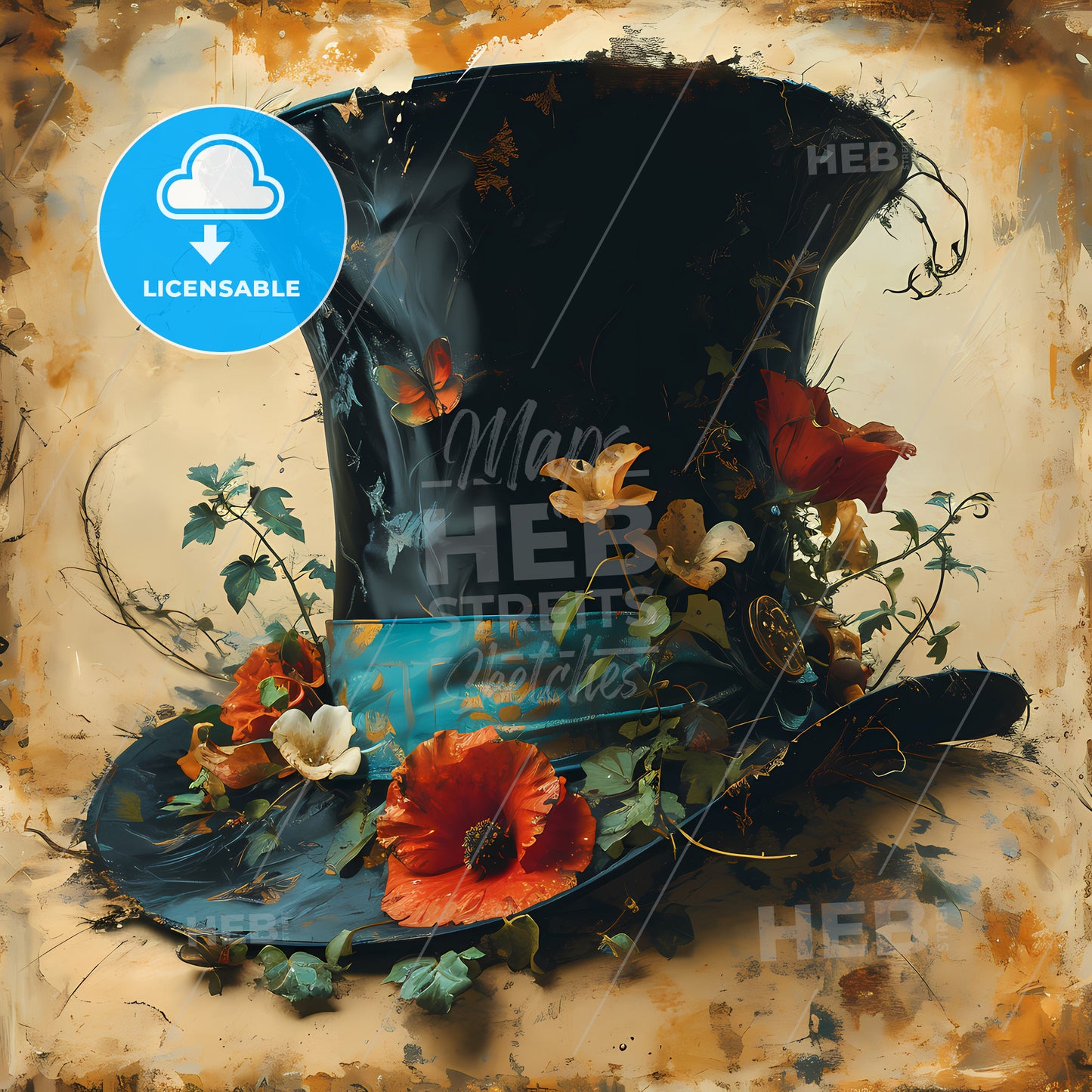 Graphic Design Victorian Steampunk, A Black Top Hat With Flowers