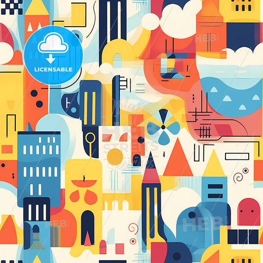 Abstract Colorful Geometric City, A Colorful City With Buildings And Flowers