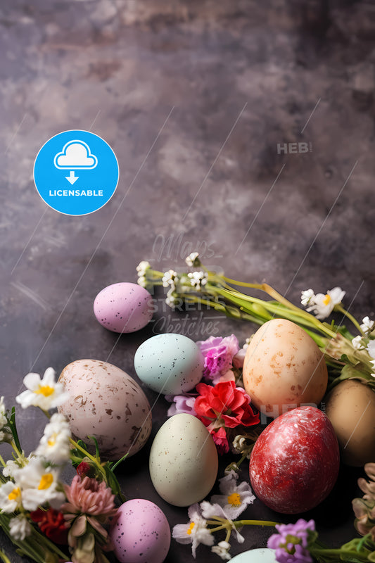 Easter Background With Copy Space, A Group Of Colorful Eggs And Flowers