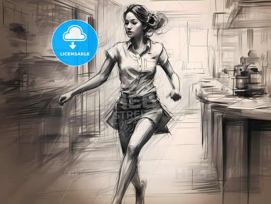 A Waitress In Motion Stays In Motion, A Drawing Of A Woman Running