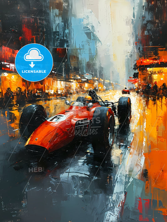 Formula One Style Race Car, A Painting Of A Red Race Car On A Wet Street