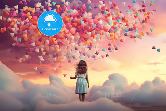 Colorful Clouds Are Seen In The Sky, A Woman Standing In The Clouds With Balloons In The Air
