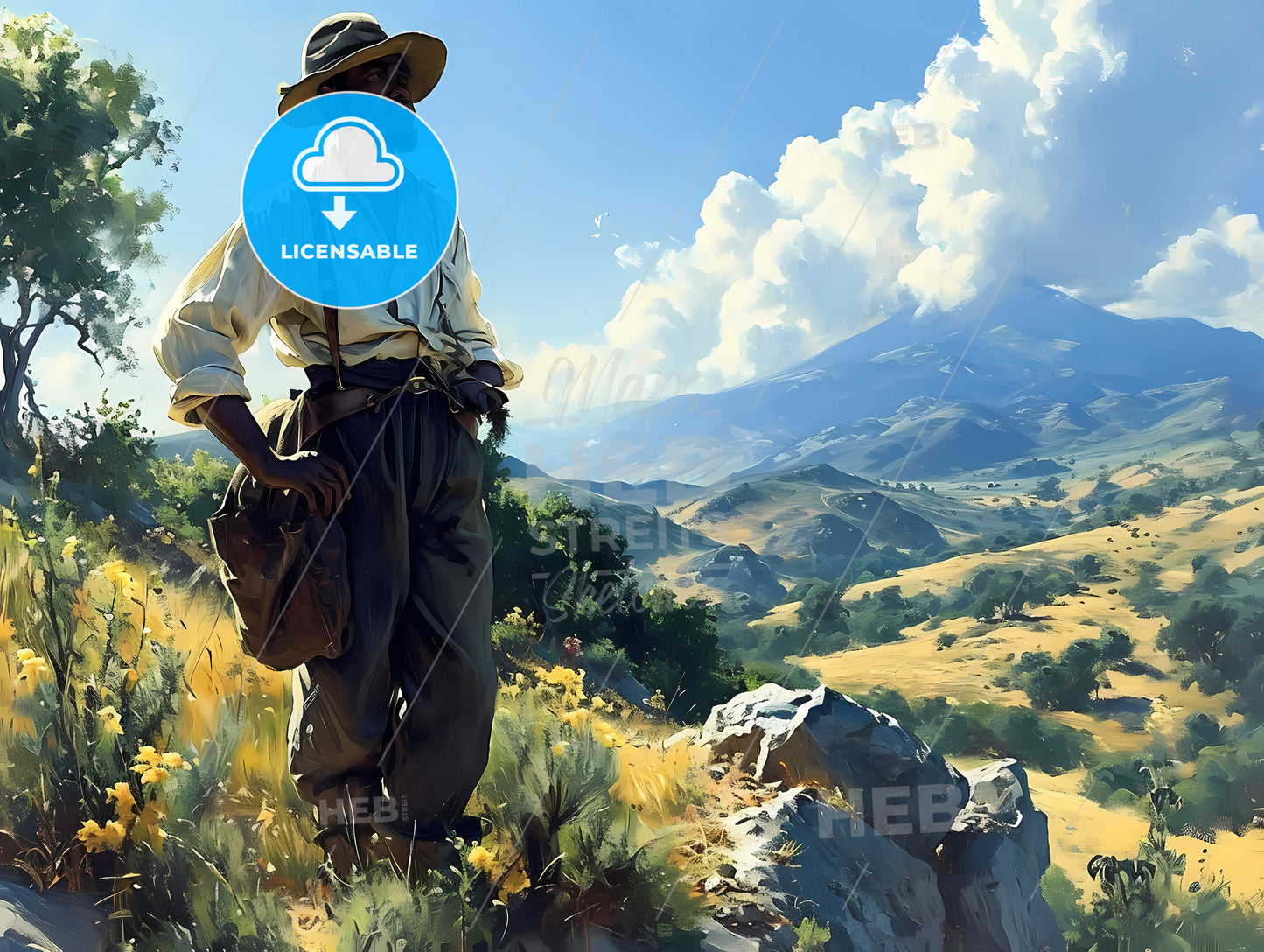 Young Black Male Standing Atop A Mountain, A Man Standing On A Hill With A Mountain In The Background