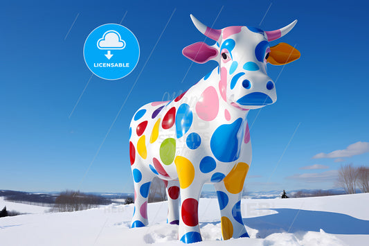 A Colourful Scultpture Of A Cow, A Statue Of A Cow In The Snow