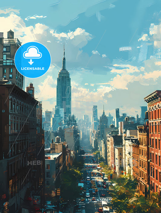 New York City Skyline, A City Street With Tall Buildings And A Tall Building In The Distance