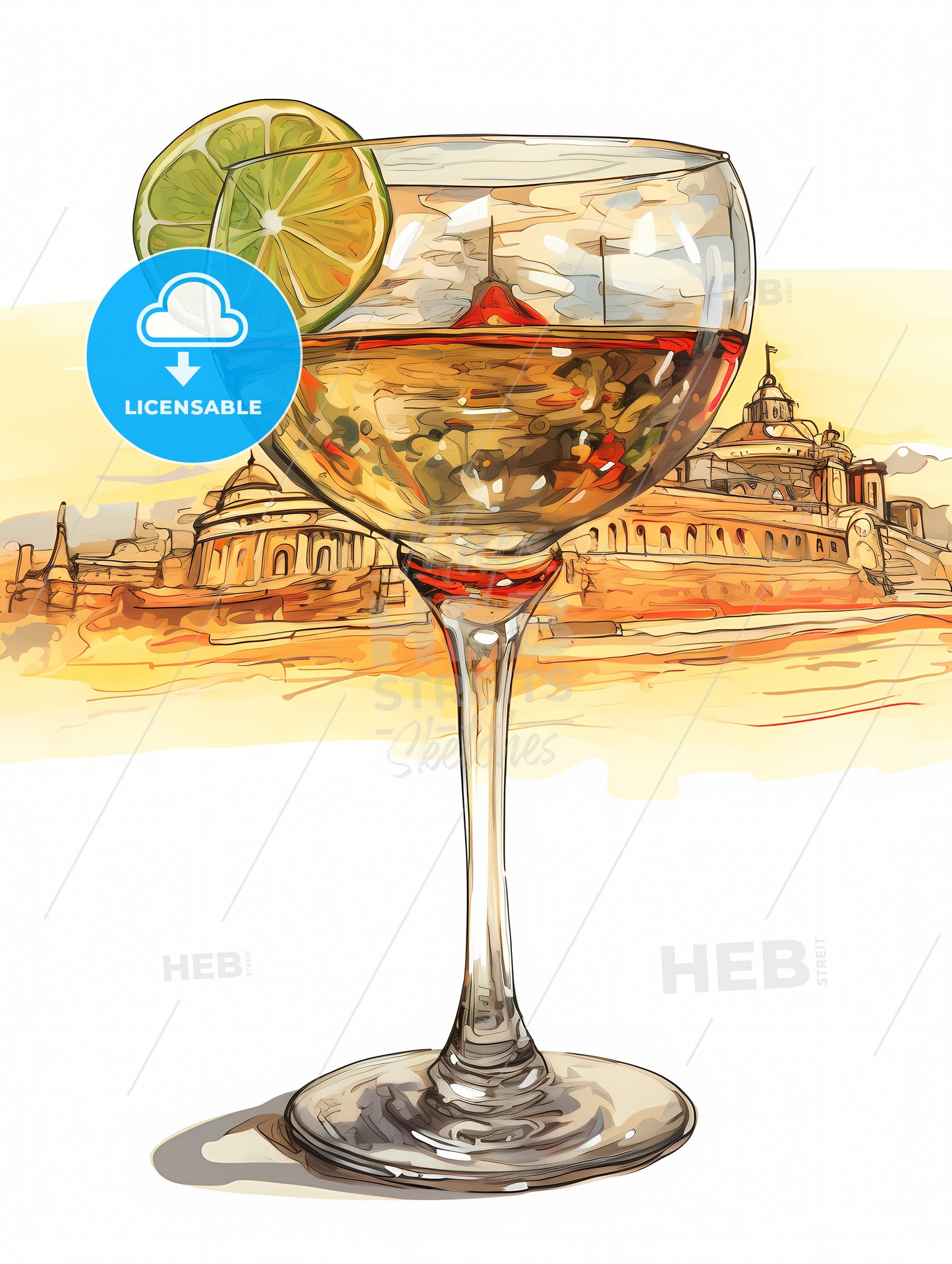 Margarita Glass With Classic Margarita Cocktail, A Glass Of Wine With Lime Slices And A City In The Background