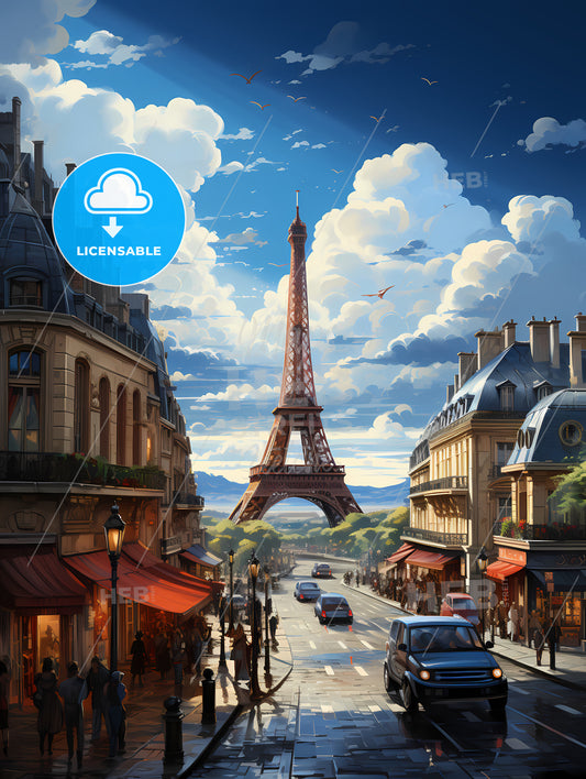 The Roofs Of Paris, A Street With Cars And A Tower In The Background