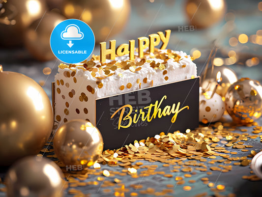 Happy Birthday To You In Gold, A Birthday Cake With Gold Confetti And Candles
