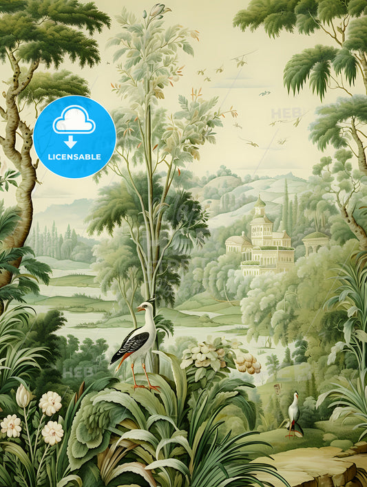 Green Tapestry, A Painting Of A Landscape With Trees And Birds