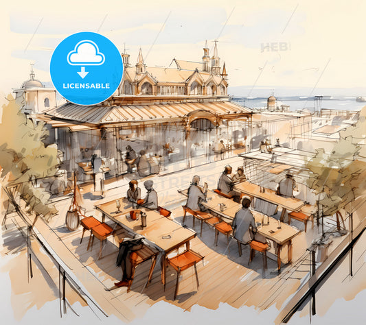 New Work Cafe On The Roof Of Meccanol, A Drawing Of People Sitting At Tables Outside A Building