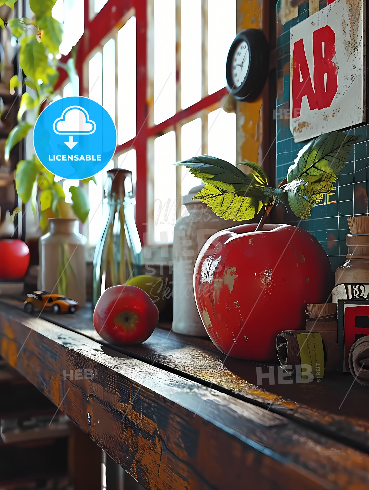 Back To School Set, A Group Of Fruits And A Vase On A Shelf