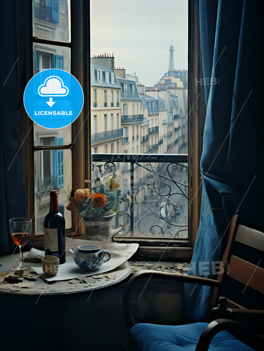 If Picasso Was A Photographer, A Table With A Bottle Of Wine And A Vase Of Flowers On It