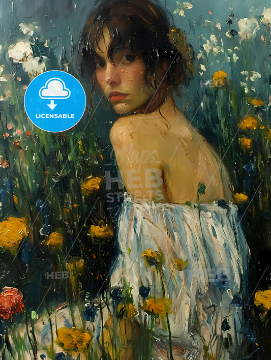 Well Tended Green Lawn. Surrounded By Wildflower Field, A Painting Of A Woman In A Field Of Flowers