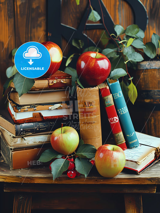 Back To School Set, A Stack Of Books And Apples On Top Of Each Other