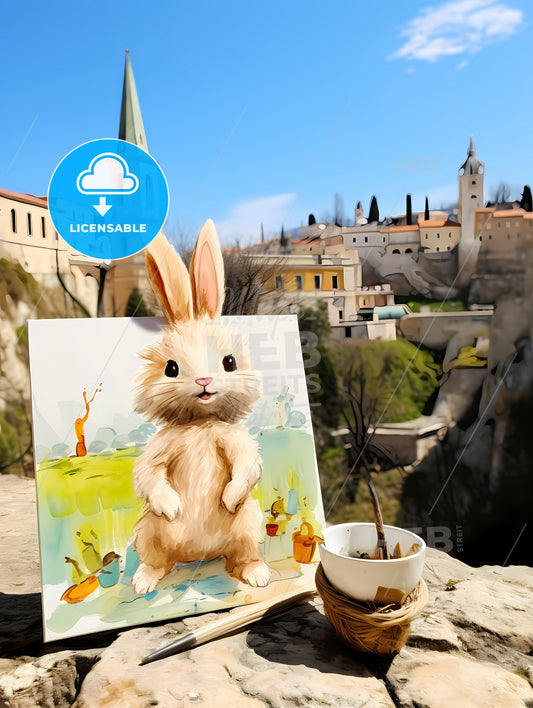 Stylish Easter Rabbit With Copy Space, A Painting Of A Rabbit On A Rock