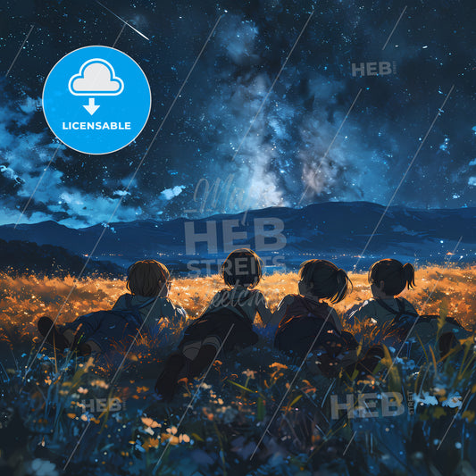 A Group Of 5 Friends Lying In A Field, A Group Of Children Lying In Grass Looking At Stars